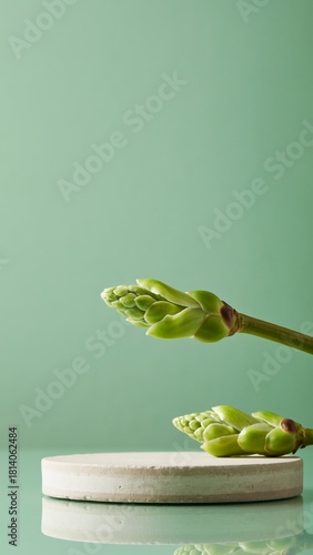 Fresh Green Buds on Stone Pedestal with Reflection. Spring, Growth, and Natural Product Display on Soft Mint Background.