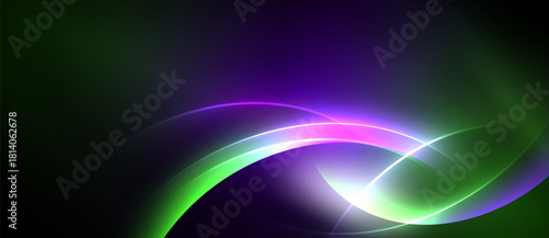 Abstract vibrant curves, glowing lines. Green, purple hues dominate dark background. Smooth gradients create dynamic visual effect.