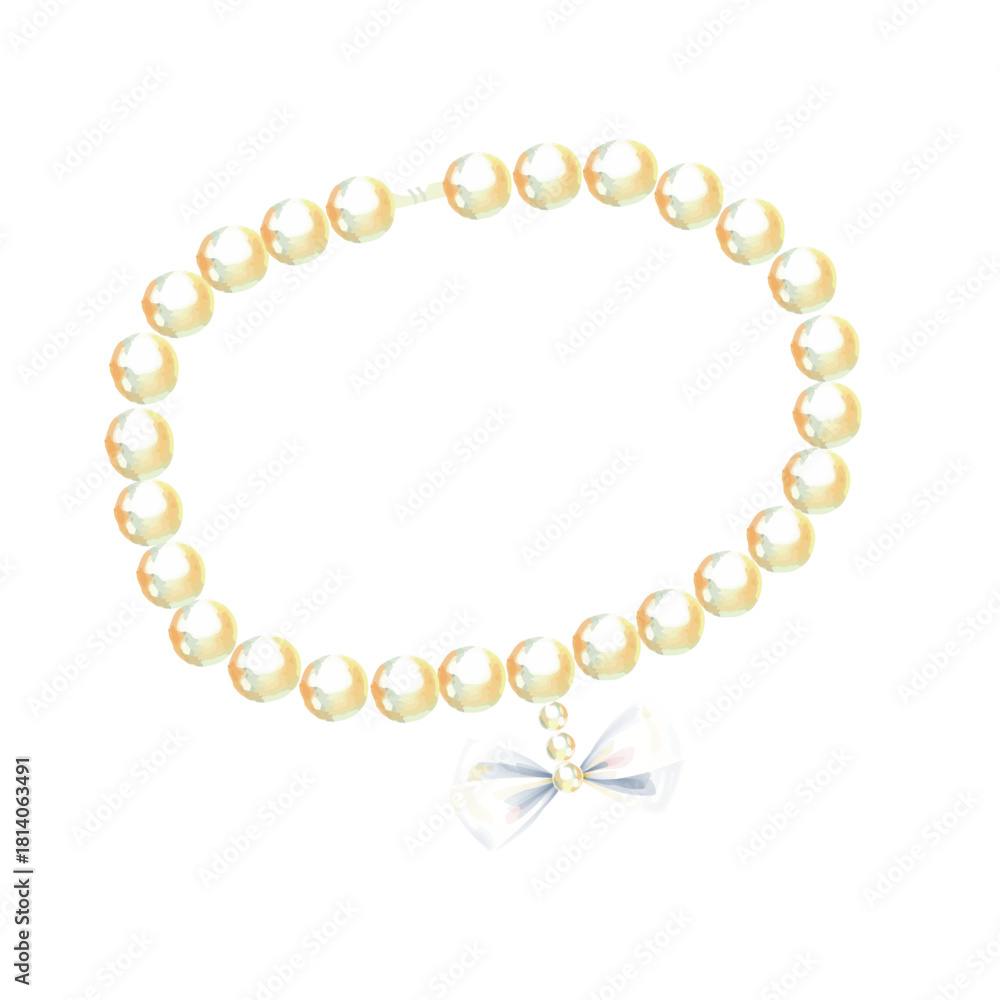 Fototapeta premium Pearls decoration with a bow. In watercolor style, gentle girlish style, glossy highlights, elegant coquettes in retro style, isolated on white background.