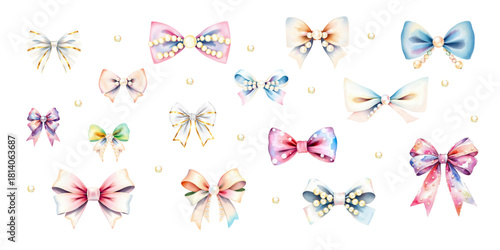 Set of watercolor bows with pearls, hand painted, delicate highlights, vintage "coquette" element in handmade style. isolated on white background. Suitable for wedding or holiday invitation.