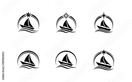 Sailboat silhouette logo design. Sailing ship logo design. Compass and horizon vector icon illustration.
