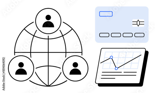 People connected via global network, credit card representing online payments, and tablet showing analytics chart. Ideal for finance, technology, business, teamwork, connectivity, globalization
