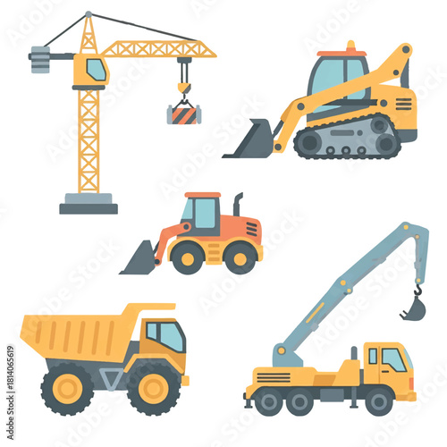 Construction Site Heavy Machinery and Vehicles Flat Vector Set