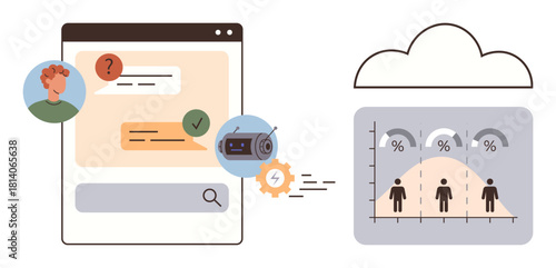 Chatbot interacting through messages, AI process symbol, and data chart with percentages. Ideal for analytics, automation, teamwork, strategy, communication big data tech. Simple flat metaphor