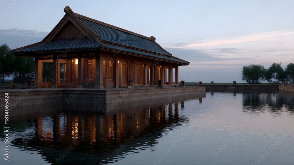 Fototapeta premium Traditional East Asian water pavilion reflected in calm water at dusk
