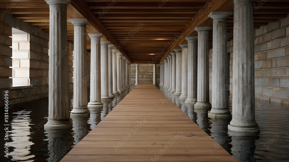 Obraz premium An interior view of a classical hall with stone pillars submerged in water and a wooden walkway