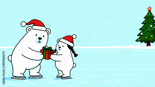 Polar bear gifting present to his friend in Christmas mood on ice rink with Christmas tree and copy space