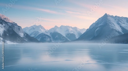 Photo of a serene Frozen lake surrounded by majestic snowy mountains with rugged peaks, under a soft pastel winter sky with hues of pale blue and pink.