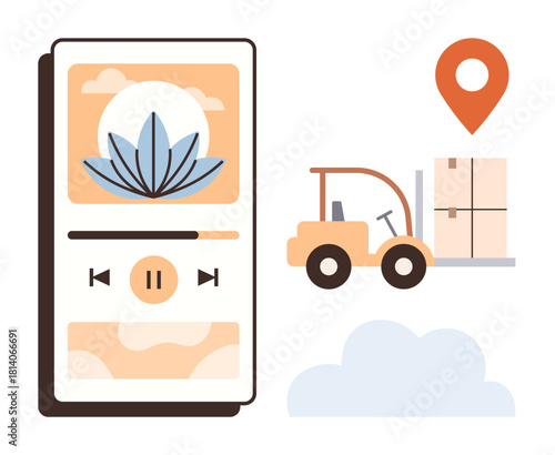 Mobile music app screen alongside a forklift moving packages. Ideal for music, logistics, delivery, transportation, digital apps, location services, connectivity. Simple flat metaphor