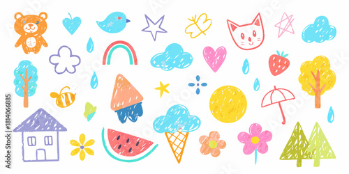 Whimsical crayon doodles of nature and fun objects