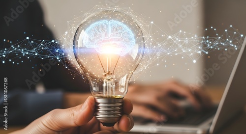 Illuminated Light Bulb with Digital Brain and Network Connections.