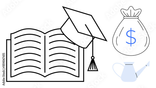 Open book with graduation cap, money bag, and watering can symbolizing knowledge, financial investment, student loans, academic success, wealth growth, empowerment and education. Ideal for learning
