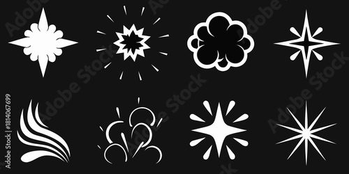 Collection of white comic book style explosion and starburst elements on black background