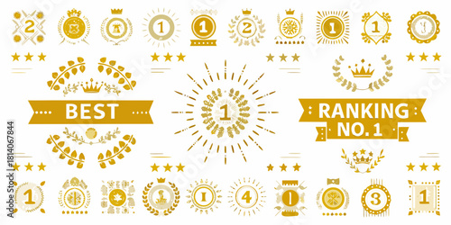 Golden awards ribbons laurels and number one badges collection