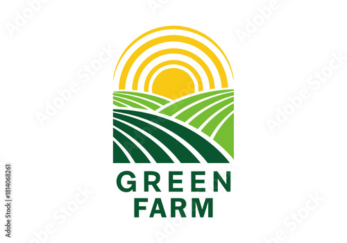 Vibrant green farm fields with a radiant yellow sun rising, symbolizing agricultural growth, fresh produce, and sustainable farming practices emblem