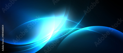 Abstract blue light curves create dynamic energy flow. Smooth shapes suggest movement, depth, modern design. Brightness contrasts with dark background.