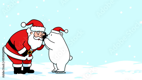 Polar bear whispering his secret wish to Santa Claus in festive mood on snowy ice with copy space
