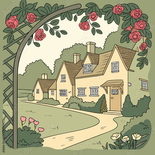 Charming cartoon cottage home with rose trellis, a storybook house and garden illustration for peaceful living, idyllic countryside escape in vector art