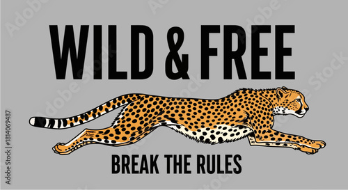 Wild and free text with cheetah running vector illustration, for t-shirt prints and other uses.