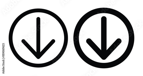 Two downward pointing arrows in circles, one with a thin line and one with a thick line, isolated on symbolizes downloading, direction, or navigation in a clean design