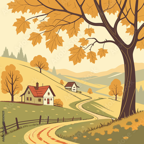 Charming rural autumn scene with cozy houses, winding road, and golden trees, perfect for seasonal designs and countryside aesthetics, inviting warmth and tranquility