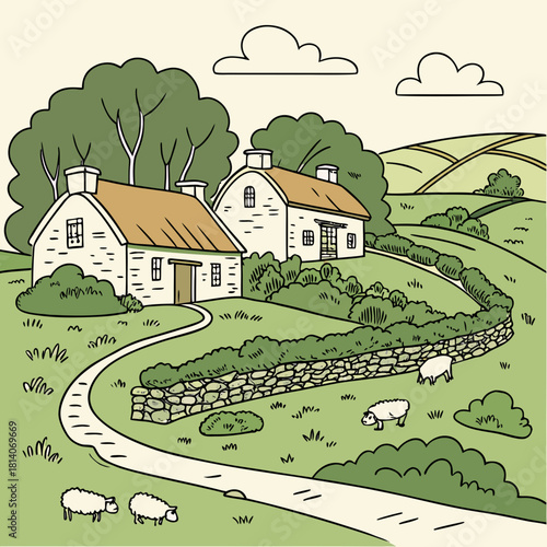 Charming rural landscape with quaint cottages and grazing sheep evoking peace, tranquility, and a simpler way of life, perfect for idyllic scenes