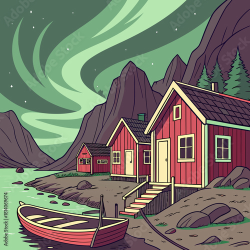 Charming red cabins line the tranquil shore under vibrant aurora borealis, a peaceful Nordic retreat, inviting escape and serene contemplation