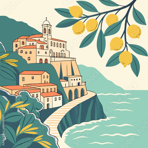 Coastal charm: A vibrant, hand-drawn style village perched on cliffs overlooking the turquoise sea, complete with lemon trees and Mediterranean flair