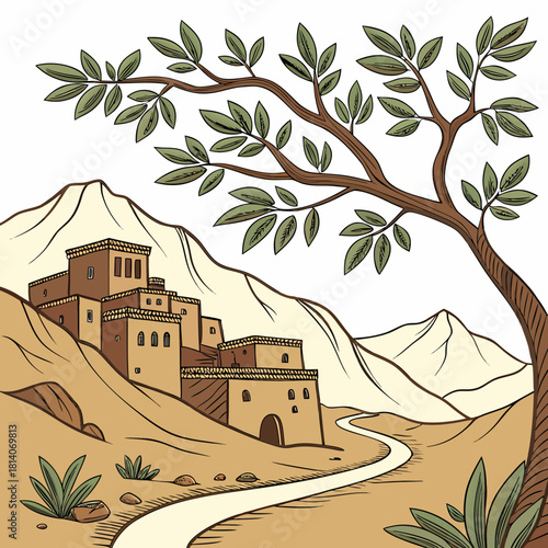 Discover a serene desert oasis with ancient architecture, a winding road, and a lush tree offering shade, evoking a sense of timeless beauty and tranquility