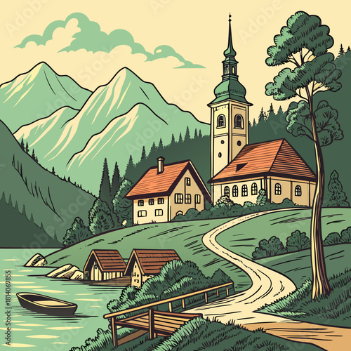 Discover the Beauty of Bled Slovenia Awaits You in this Scenic Illustration, Perfect for Travel Blogs, Postcards, and Tourism Campaigns