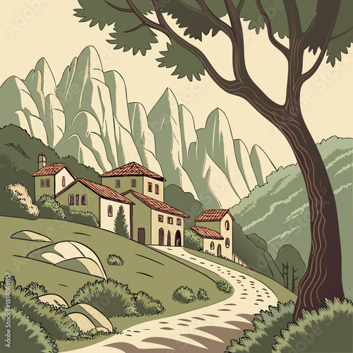 Enchanting Italian Village Scene with Rolling Hills and Charming Architecture, Perfect for Travel Blogs and Mediterranean Lifestyle Content, Originally Vector Art