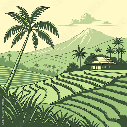 Discover tropical tranquility with this serene rice terrace landscape, perfect for travel brochures and idyllic vacation promotions. Captures the essence of paradise