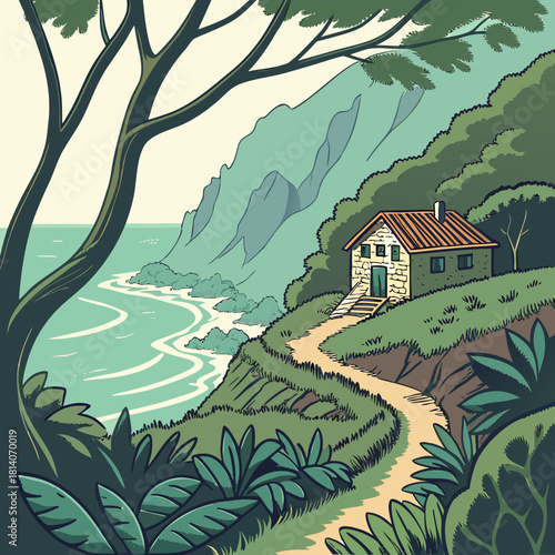 Seaside cabin retreat with tranquil ocean view and lush greenery, perfect for nature lovers seeking serenity and escape in an idyllic coastal landscape