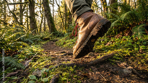 A close-up of a hiking boot on a forest trail, surrounded by lush greenery and sunlight. Great for nature blogs or hiking guides.
