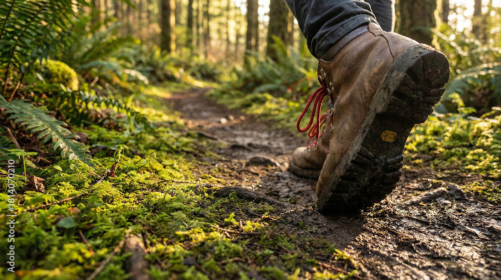 Naklejka premium A hiker's boot stepping on a mossy forest path, enveloped by greenery. Perfect for outdoor activity promotions or fitness content.