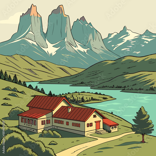 Stunning mountain lake scene with chalet offers peaceful getaway and outdoor adventure, embodying serene landscape beauty and tranquil vacation vibes