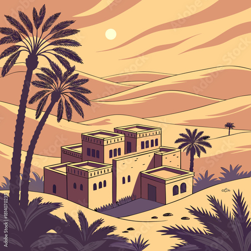Stunning desert oasis scene with traditional architecture, swaying palms, and golden dunes evokes adventure, tranquility, and exotic travel dreams beautifully