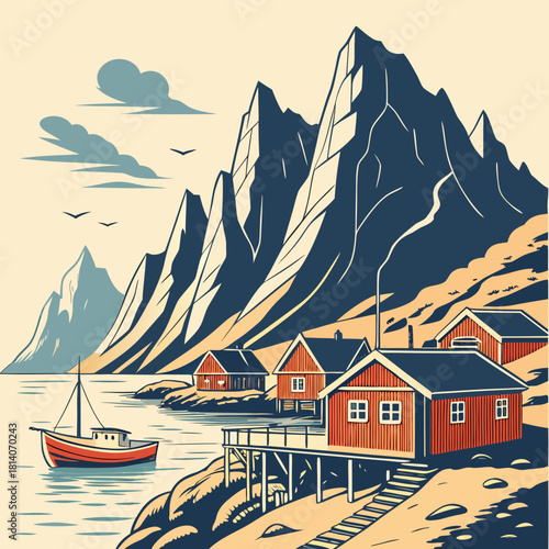 Stunning Scandinavian Coastal Village Scene with Fishing Boat and Dramatic Mountain Backdrop, Perfect for Travel Brochures and Nature Photography Enthusiasts