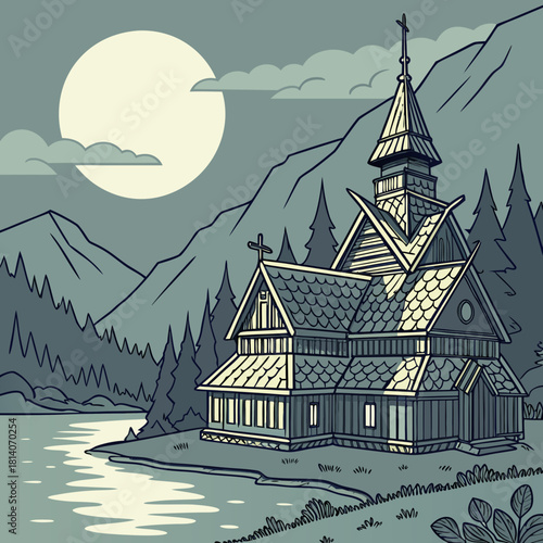 Stunning stave church illustration by lakeside under moonlight, showcasing Nordic architecture and serene landscape, perfect for travel or historical themes.