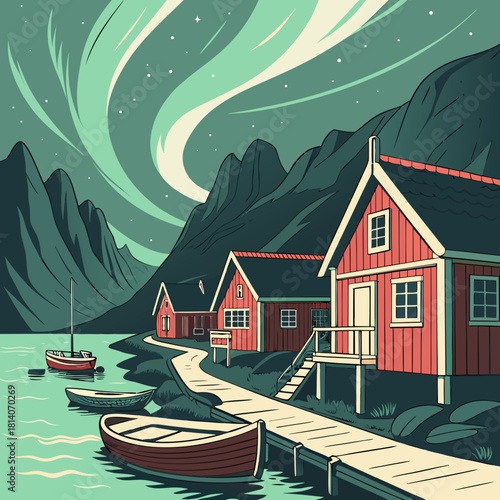 Stunning Northern Lights over Quaint Coastal Village with Charming Cabins and Boats, Evoking Peaceful Scandinavian Retreat, Perfect for Travel and Adventure