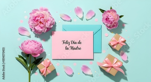 Elegant Mother’s Day flat lay with pink peonies, pastel card reading “Feliz Día de la Madre,” turquoise envelope, and gift boxes arranged on a soft blue background.