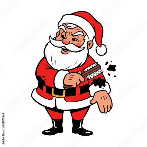 Vintage Santa Claus Illustration Brushing Soot Off Red Suit, 1950s Cartoon Style