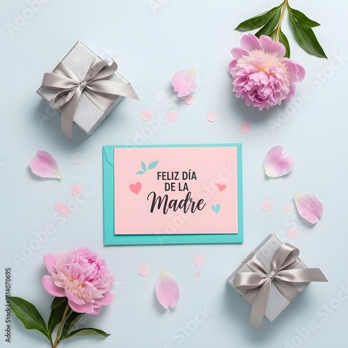 Charming Mother’s Day card with pastel colors, pink peonies, scattered petals, and elegant gift boxes arranged on a light blue background.