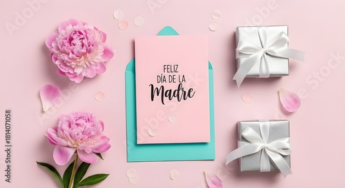 Mother’s Day card with soft pink tones, blooming peonies, and elegant gift boxes tied with white ribbons, creating a warm and feminine celebration scene.