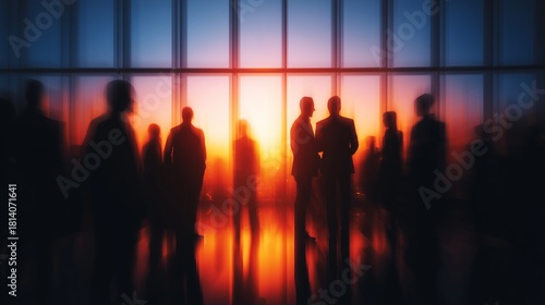 Silhouettes of professionals networking at sunset in modern office