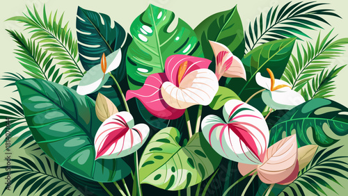 Very beautiful elegant arrangement of pink and white anthurium flowers surrounded by lush green palm leaves, creating a serene tropical scene ideal for wellness, spa, and tropical-themed designs.