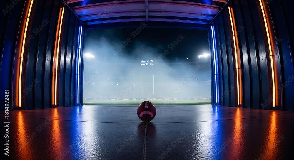 Fototapeta premium A single soccer ball sits on a wet floor in a dark tunnel leading out to a brightly lit stadium field with smoke