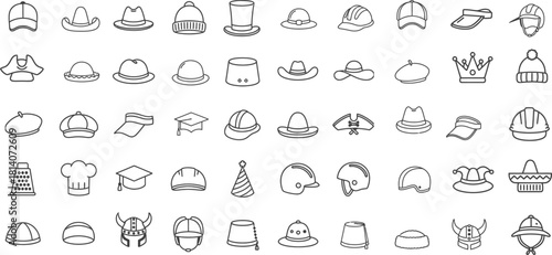 Vector Icons of Hats from Berets to Construction Helmets