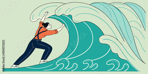 businessman pushing against large turquoise wave illustration showing metaphor for overcoming business challenges adversity and obstacles in minimalist modern artistic style