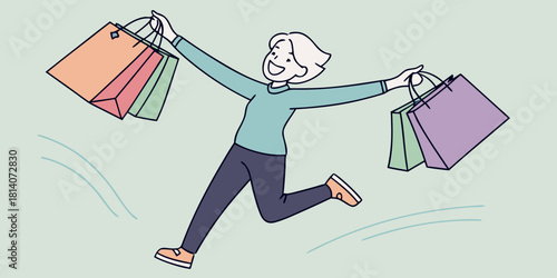 happy person jumping with colorful shopping bags in minimalist illustration showing joy excitement and retail therapy satisfaction with dynamic movement and playful energy